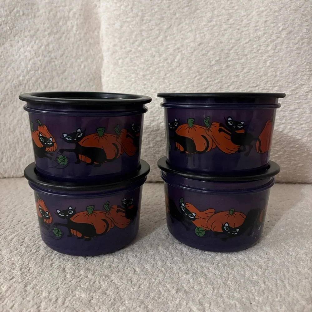 Tupperware Vintage Retired Purple Halloween Cat and Pumpkin Containers Set of 4